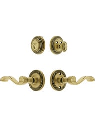 Grandeur Newport Entry Door Set, Keyed Alike with Portofino Levers Left Handed in Antique Brass.